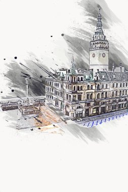 Açık havada belediye binası. Klodzko, Polonya, Sanat illüstrasyonu antika eskiz