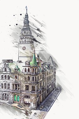 Açık havada belediye binası. Klodzko, Polonya, Sanat illüstrasyonu antika eskiz