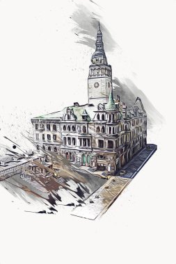 Açık havada belediye binası. Klodzko, Polonya, Sanat illüstrasyonu antika eskiz