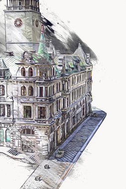 Açık havada belediye binası. Klodzko, Polonya, Sanat illüstrasyonu antika eskiz