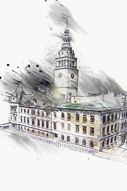 Açık havada belediye binası. Klodzko, Polonya, Sanat illüstrasyonu antika eskiz