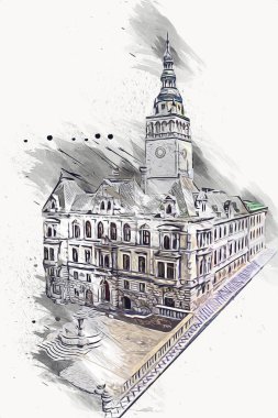 Açık havada belediye binası. Klodzko, Polonya, Sanat illüstrasyonu antika eskiz