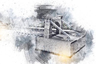 Köprülerin havadan görünüşü, Wrocaw nehri, Polonya, sanat illüstrasyonları antika eskizler