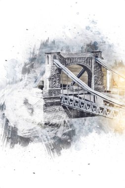 Köprülerin havadan görünüşü, Wrocaw nehri, Polonya, sanat illüstrasyonları antika eskizler