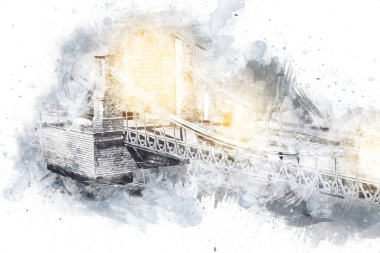 Köprülerin havadan görünüşü, Wrocaw nehri, Polonya, sanat illüstrasyonları antika eskizler