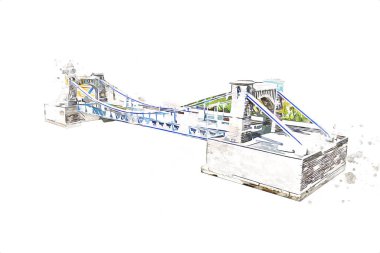 Köprülerin havadan görünüşü, Wrocaw nehri, Polonya, sanat illüstrasyonları antika eskizler