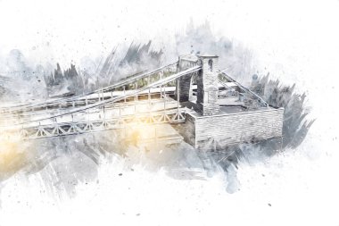 Köprülerin havadan görünüşü, Wrocaw nehri, Polonya, sanat illüstrasyonları antika eskizler