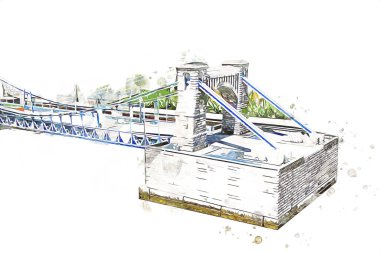 Köprülerin havadan görünüşü, Wrocaw nehri, Polonya, sanat illüstrasyonları antika eskizler