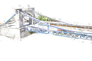 Köprülerin havadan görünüşü, Wrocaw nehri, Polonya, sanat illüstrasyonları antika eskizler