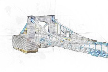 Köprülerin havadan görünüşü, Wrocaw nehri, Polonya, sanat illüstrasyonları antika eskizler