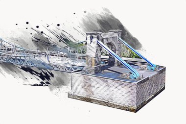 Köprülerin havadan görünüşü, Wrocaw nehri, Polonya, sanat illüstrasyonları antika eskizler