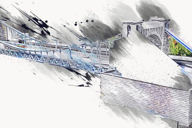 Köprülerin havadan görünüşü, Wrocaw nehri, Polonya, sanat illüstrasyonları antika eskizler