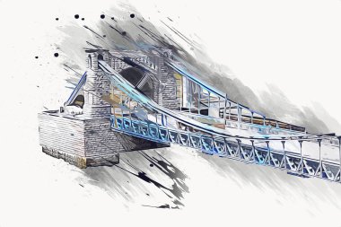 Köprülerin havadan görünüşü, Wrocaw nehri, Polonya, sanat illüstrasyonları antika eskizler