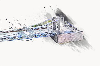 Köprülerin havadan görünüşü, Wrocaw nehri, Polonya, sanat illüstrasyonları antika eskizler