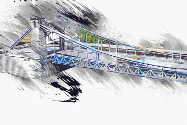 Köprülerin havadan görünüşü, Wrocaw nehri, Polonya, sanat illüstrasyonları antika eskizler