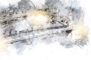 Wrocaw, zwierzyniecki köprüsü, Wrocaw nehri, Polonya, sanat illüstrasyonu antika eskiz