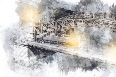 Wrocaw, zwierzyniecki köprüsü, Wrocaw nehri, Polonya, sanat illüstrasyonu antika eskiz