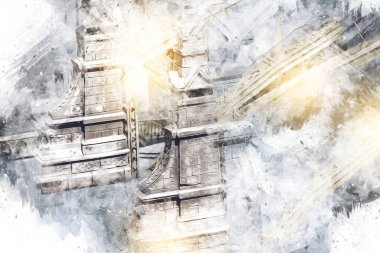 Wrocaw, zwierzyniecki köprüsü, Wrocaw nehri, Polonya, sanat illüstrasyonu antika eskiz