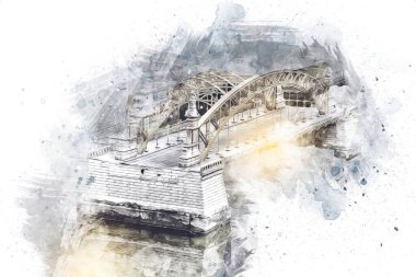 Wrocaw, zwierzyniecki köprüsü, Wrocaw nehri, Polonya, sanat illüstrasyonu antika eskiz