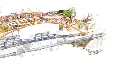 Wrocaw, zwierzyniecki köprüsü, Wrocaw nehri, Polonya, sanat illüstrasyonu antika eskiz