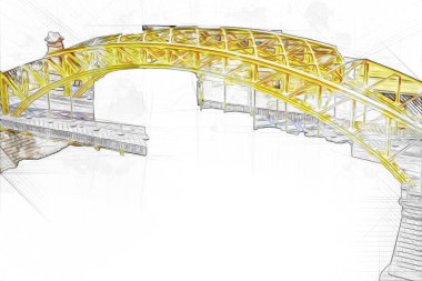 Wrocaw, zwierzyniecki köprüsü, Wrocaw nehri, Polonya, sanat illüstrasyonu antika eskiz