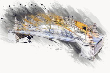 Wrocaw, zwierzyniecki köprüsü, Wrocaw nehri, Polonya, sanat illüstrasyonu antika eskiz