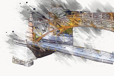 Wrocaw, zwierzyniecki köprüsü, Wrocaw nehri, Polonya, sanat illüstrasyonu antika eskiz