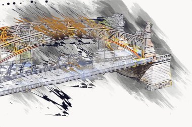 Wrocaw, zwierzyniecki köprüsü, Wrocaw nehri, Polonya, sanat illüstrasyonu antika eskiz