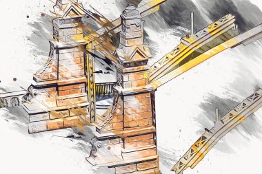 Wrocaw, zwierzyniecki köprüsü, Wrocaw nehri, Polonya, sanat illüstrasyonu antika eskiz