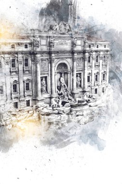 Fountain di Trevi, Roma. İtalya, sanat illüstrasyonu antika eskiz