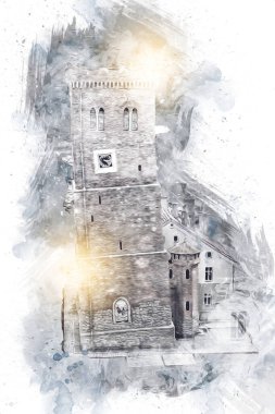 Zabkowice 'deki Eğik Kule Slaskie, sanat illüstrasyonu antika eskiz