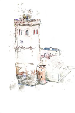 Zabkowice 'deki Eğik Kule Slaskie, sanat illüstrasyonu antika eskiz