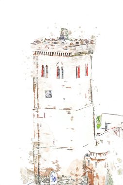 Zabkowice 'deki Eğik Kule Slaskie, sanat illüstrasyonu antika eskiz