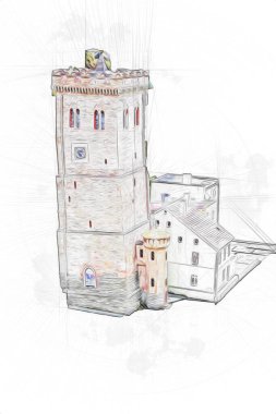 Zabkowice 'deki Eğik Kule Slaskie, sanat illüstrasyonu antika eskiz