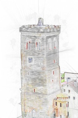 Zabkowice 'deki Eğik Kule Slaskie, sanat illüstrasyonu antika eskiz