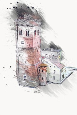 Zabkowice 'deki Eğik Kule Slaskie, sanat illüstrasyonu antika eskiz