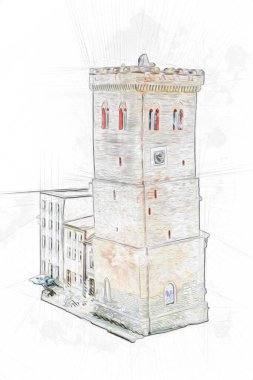 Zabkowice 'deki Eğik Kule Slaskie, sanat illüstrasyonu antika eskiz