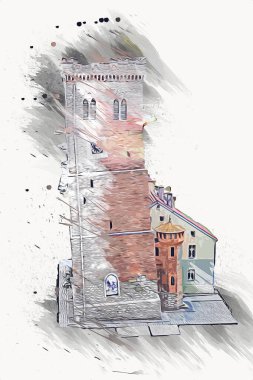 Zabkowice 'deki Eğik Kule Slaskie, sanat illüstrasyonu antika eskiz