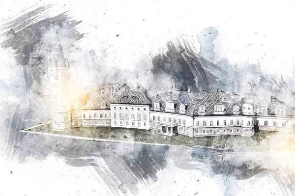 Bokw 'daki sarayın panoraması hava manzaralı sanat illüstrasyonu antika eskiz.