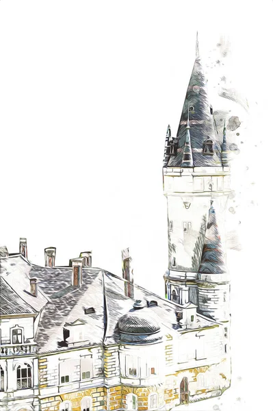 Bokw 'daki sarayın panoraması hava manzaralı sanat illüstrasyonu antika eskiz.