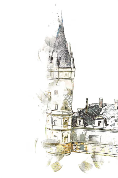 Bokw 'daki sarayın panoraması hava manzaralı sanat illüstrasyonu antika eskiz.