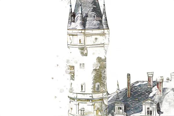 Bokw 'daki sarayın panoraması hava manzaralı sanat illüstrasyonu antika eskiz.