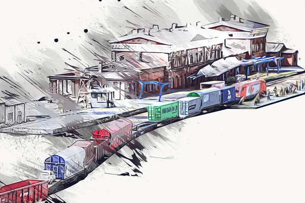 ホーム出発を待っている列車と機関車と古い鉄道駅 煙のアーチで夜の日差しの光線 アートイラストレトロヴィンテージアンティークスケッチ — ストック写真
