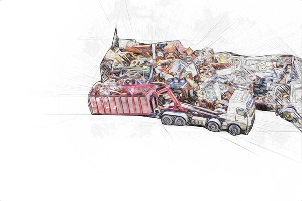 Aerial view of a recycling yard with trucks and containers art illustration retro vintage antique sketch