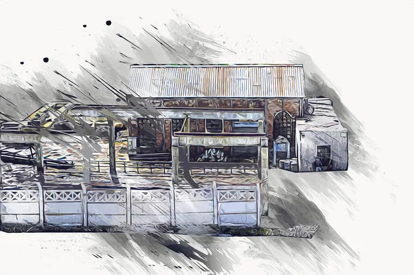 トラックやコンテナアートのイラストとリサイクルヤードの空中ビューレトロヴィンテージアンティークスケッチ — ストック写真