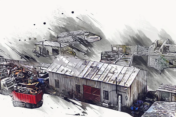 Kamyon ve konteynırlarla dolu bir geri dönüşüm alanının havadan görüntüsü antika eskiz sanatı.