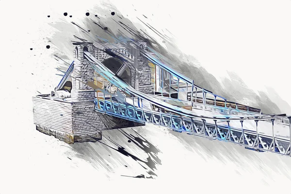 Köprülerin havadan görünüşü, Wrocaw nehri, Polonya, sanat illüstrasyonları antika eskizler