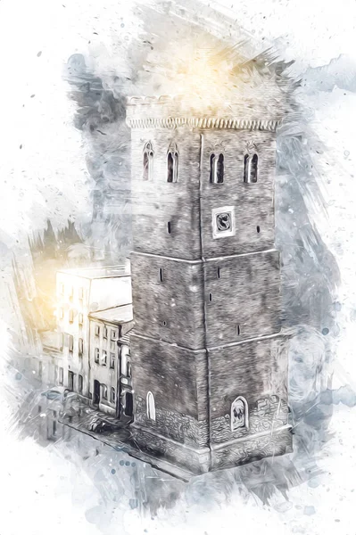 Der Schiefe Turm Zabkowice Slaskie Illustration Retro Vintage Antike Skizze — Stockfoto
