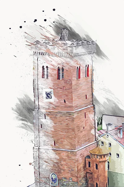 Zabkowice 'deki Eğik Kule Slaskie, sanat illüstrasyonu antika eskiz