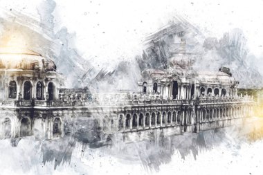 Zwinger Sarayı, sanat galerisi ve müzesi Dresden, Almanya 'da, sanat illüstrasyonu antika eskiz